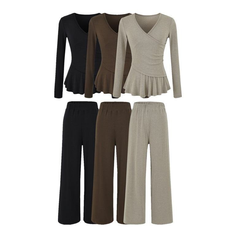 Long Sleeve Cross V-Neck T-Shirt and Elastic Waist Drape Wide Leg Pants Two Piece Set