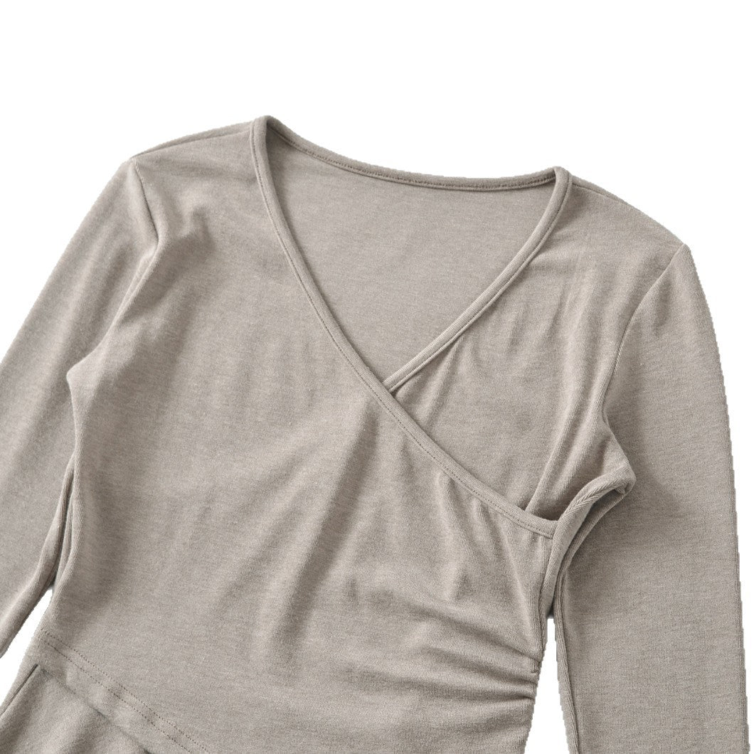 Long Sleeve Cross V-Neck T-Shirt and Elastic Waist Drape Wide Leg Pants Two Piece Set