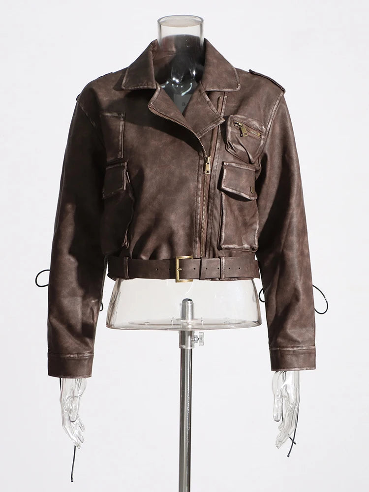 Streetwear PU Leather Patchwork Pockets Jackets For Women Lapel Long Sleeve Spliced Zipper Jacket Female Fashion