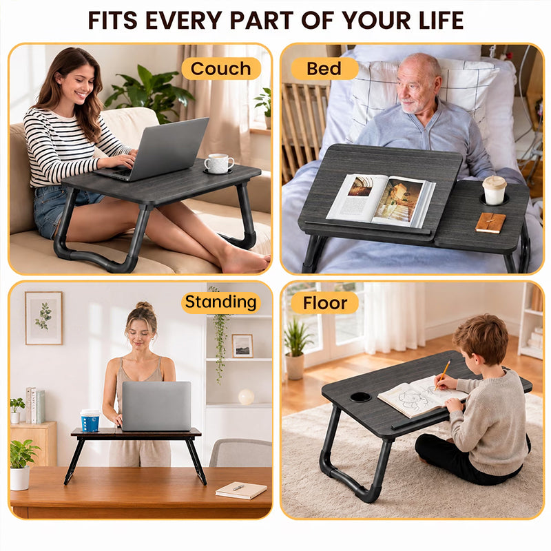 Adjustable Folding Bed Tray Table – 5 Heights, Cup Holder, MDF Laptop Desk for Sofa & Bed, Multi-Purpose