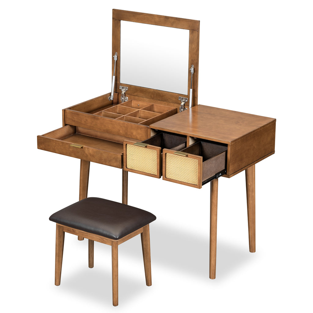 43.3 "Wooden vanity set with flip mirror and stool, three drawers and storage space for dressing table, brown