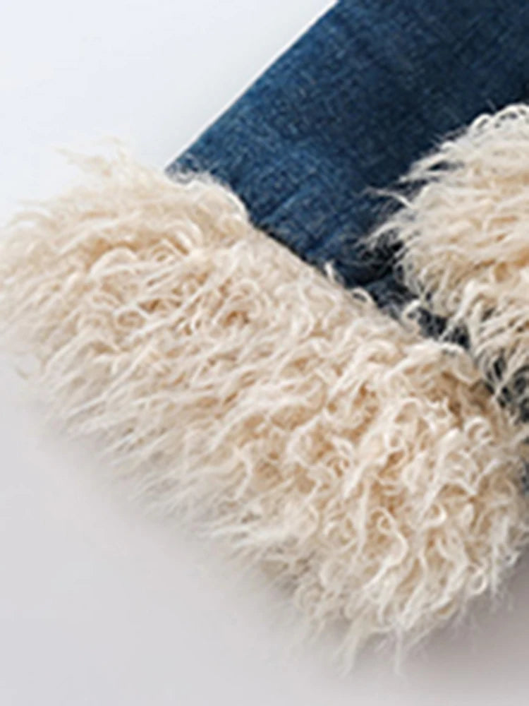Fashion Women Denim Coat Lapel Fur Intergrated Single Breasted Pockets Thickening Parkas Jackets Winter