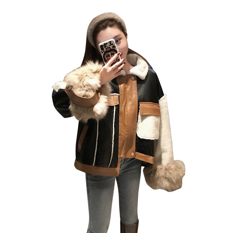 Women Leather Coat Color Matching Splicing Winter Leather Jacket Women Black Vintage Faux Leather Jackets