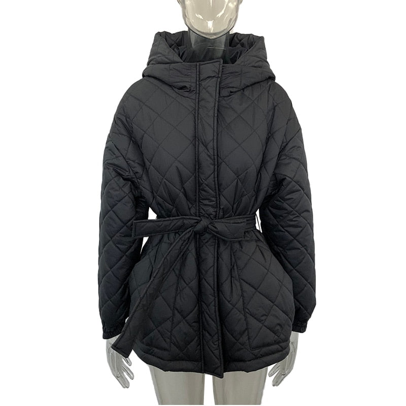 Casual Loose Arygle Hooded Parkas Women Fashion Solid Thick Short Coats Women Elegant Tie Belt Cotton Jackets Female Ladies