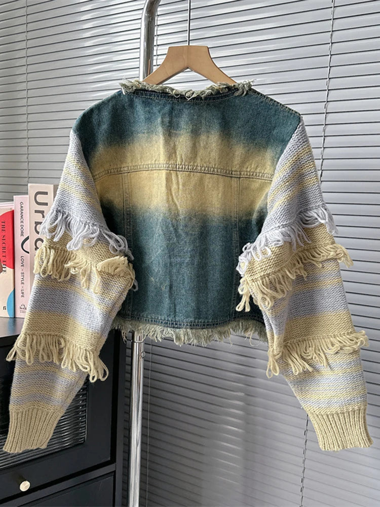 Colorblock Patchwork Knitting Casual Denim Jackets For Women Round Neck Long Sleeve Spliced Tassel Jacket Female