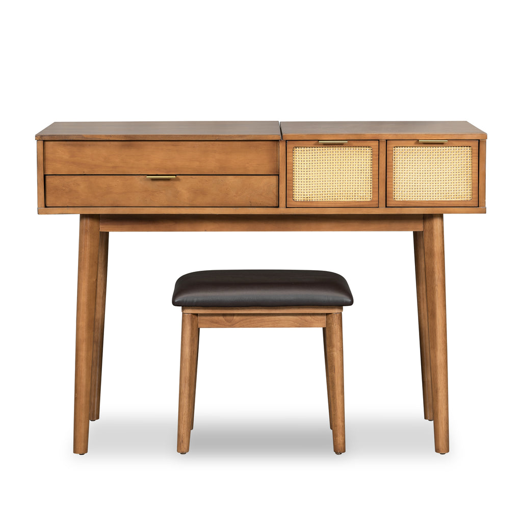43.3 "Wooden vanity set with flip mirror and stool, three drawers and storage space for dressing table, brown
