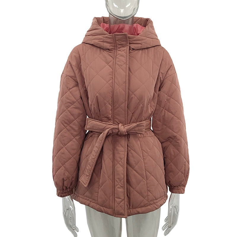 Casual Loose Arygle Hooded Parkas Women Fashion Solid Thick Short Coats Women Elegant Tie Belt Cotton Jackets Female Ladies