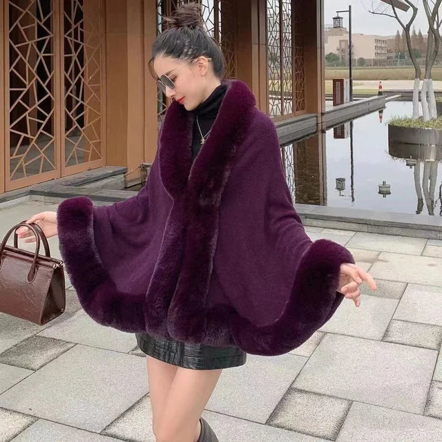 Temperament Fur Patchwork Scarf Collar Shawl Poncho Coat For Women Elegant Loose Cloak Woolen Coats