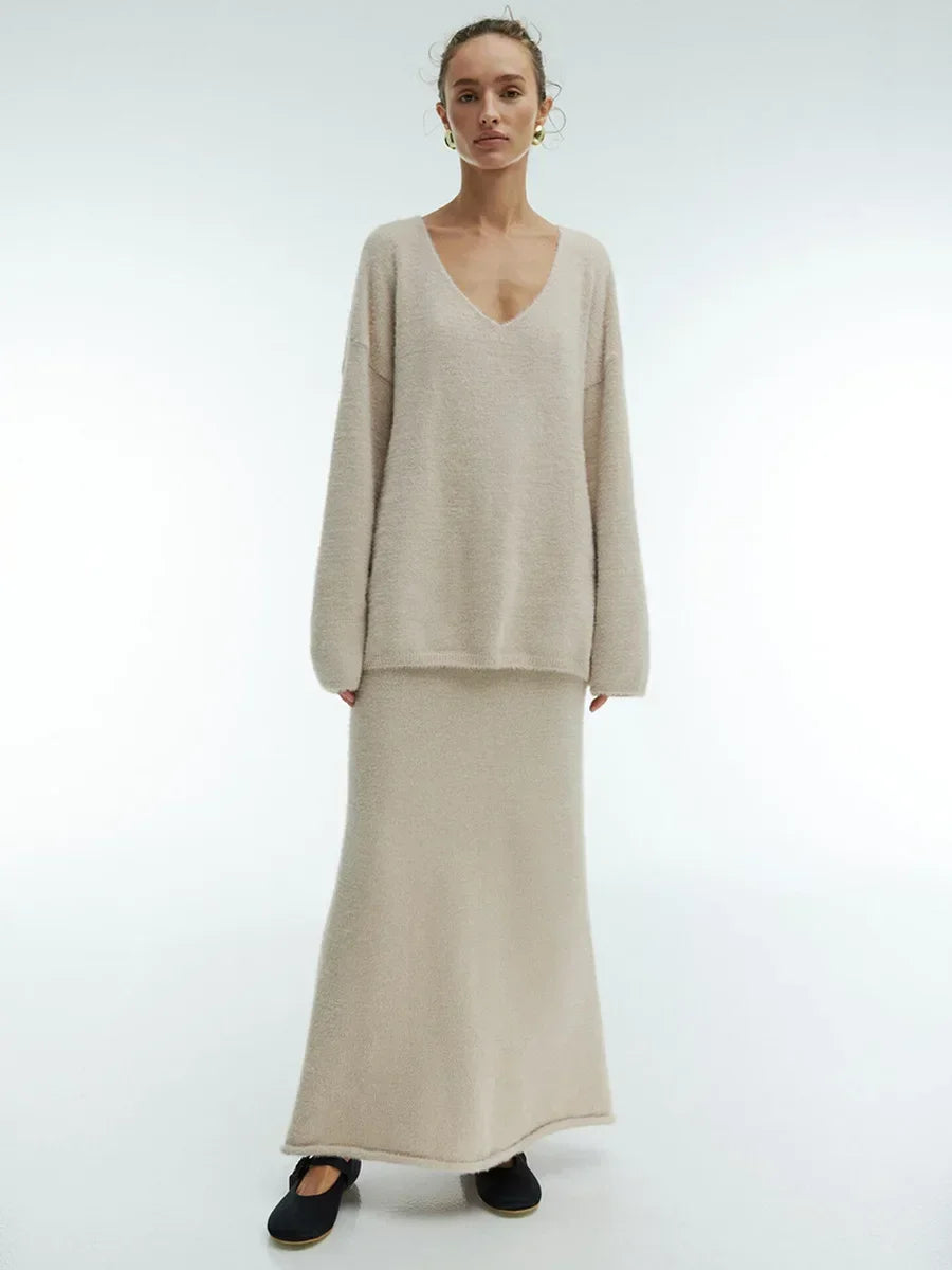 Women Knitted V-neck Sweater+Skirt Sets  Autumn Winter Thick Casual Sweater Warm Fashion Skirt Pullover 2 Pieces Sets