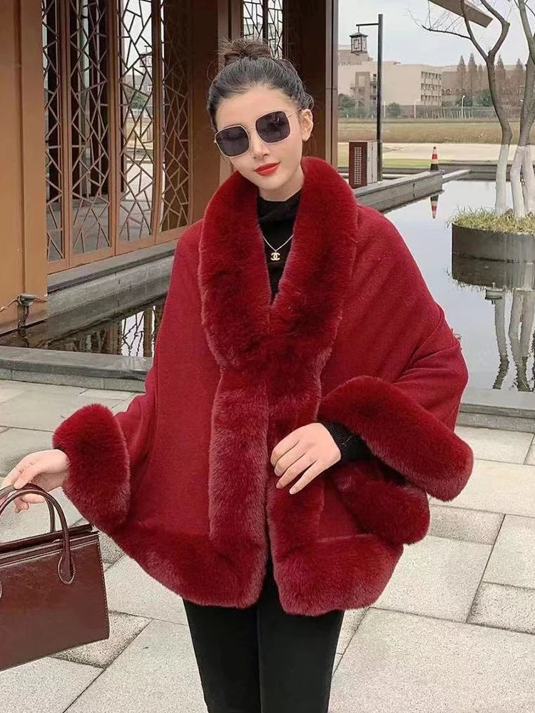 Temperament Fur Patchwork Scarf Collar Shawl Poncho Coat For Women Elegant Loose Cloak Woolen Coats