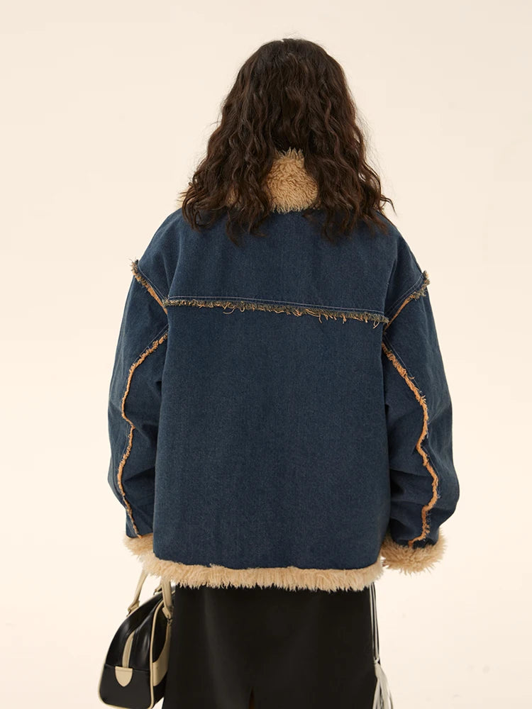 Fashion Women Denim Coat Lapel Fur Intergrated Single Breasted Pockets Thickening Parkas Jackets Winter