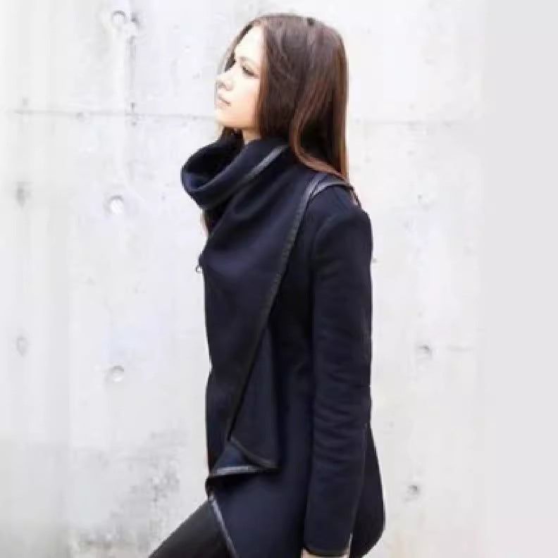Fashion Asymmetric Solid Color Split-Joint High-Neck Jackets New Long Sleeves Casual Coats For Women