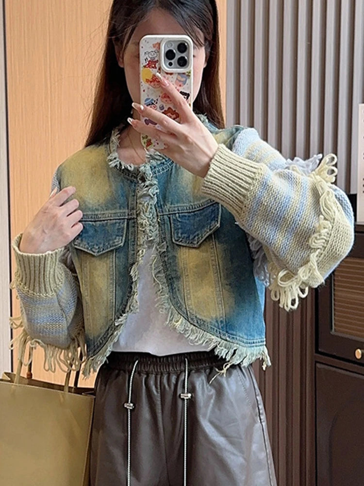 Colorblock Patchwork Knitting Casual Denim Jackets For Women Round Neck Long Sleeve Spliced Tassel Jacket Female