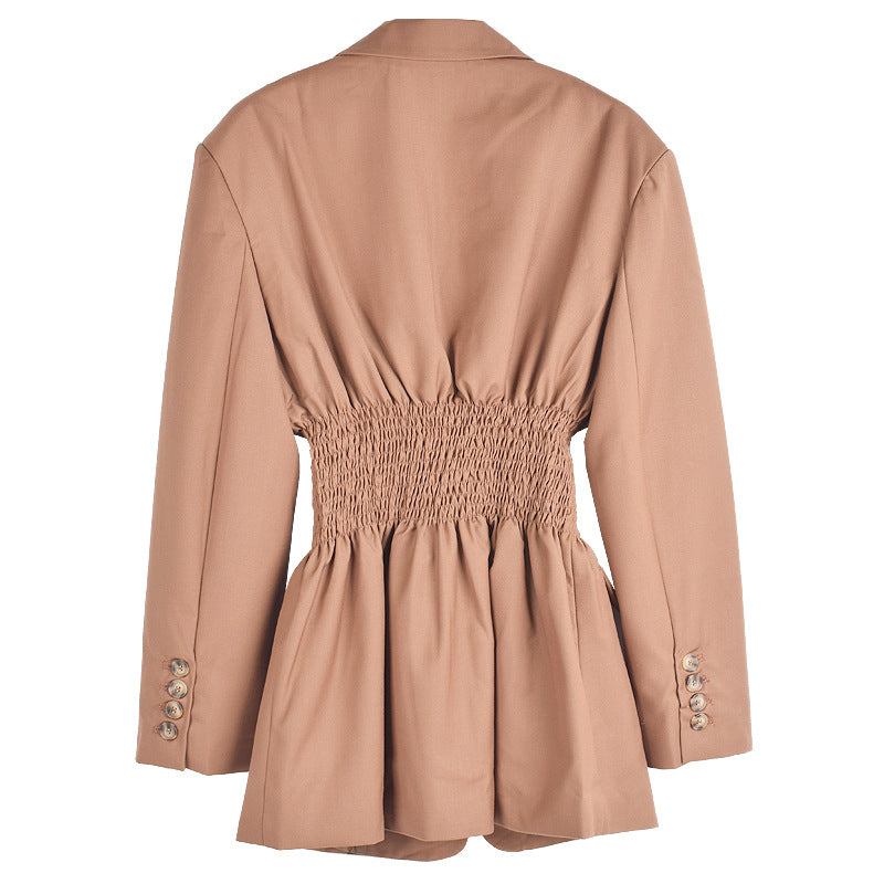 Pleated Zipper Elegant Blazers For Women Long Sleeve Notched Collar Vintage Slim Jackets Coat