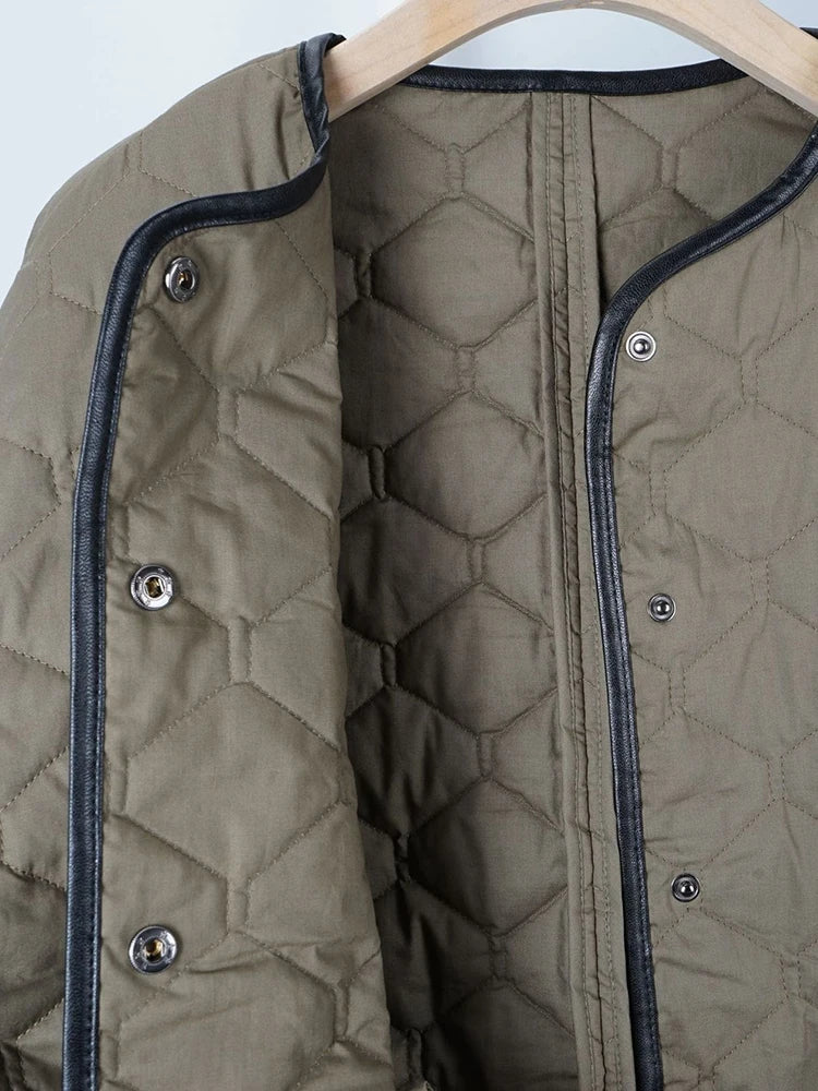 Fashion Women Cotton-padded Coat Collarless Diamond Plaid Single Breasted Green Warm Parka Jackets Winter New