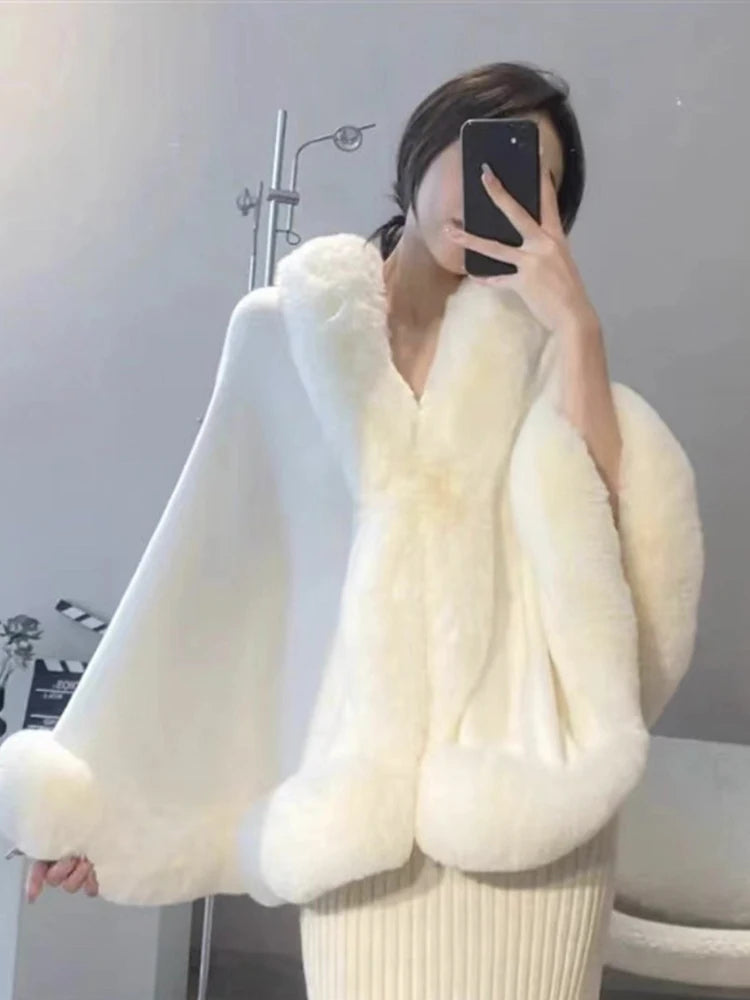 Temperament Fur Patchwork Scarf Collar Shawl Poncho Coat For Women Elegant Loose Cloak Woolen Coats