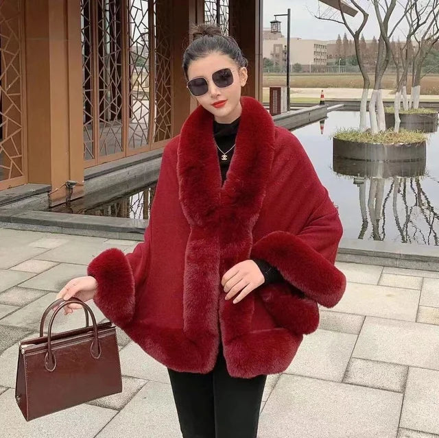 Temperament Fur Patchwork Scarf Collar Shawl Poncho Coat For Women Elegant Loose Cloak Woolen Coats