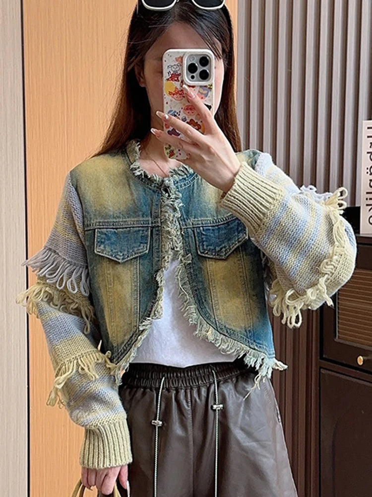Colorblock Patchwork Knitting Casual Denim Jackets For Women Round Neck Long Sleeve Spliced Tassel Jacket Female