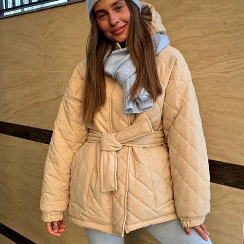 Casual Loose Arygle Hooded Parkas Women Fashion Solid Thick Short Coats Women Elegant Tie Belt Cotton Jackets Female Ladies
