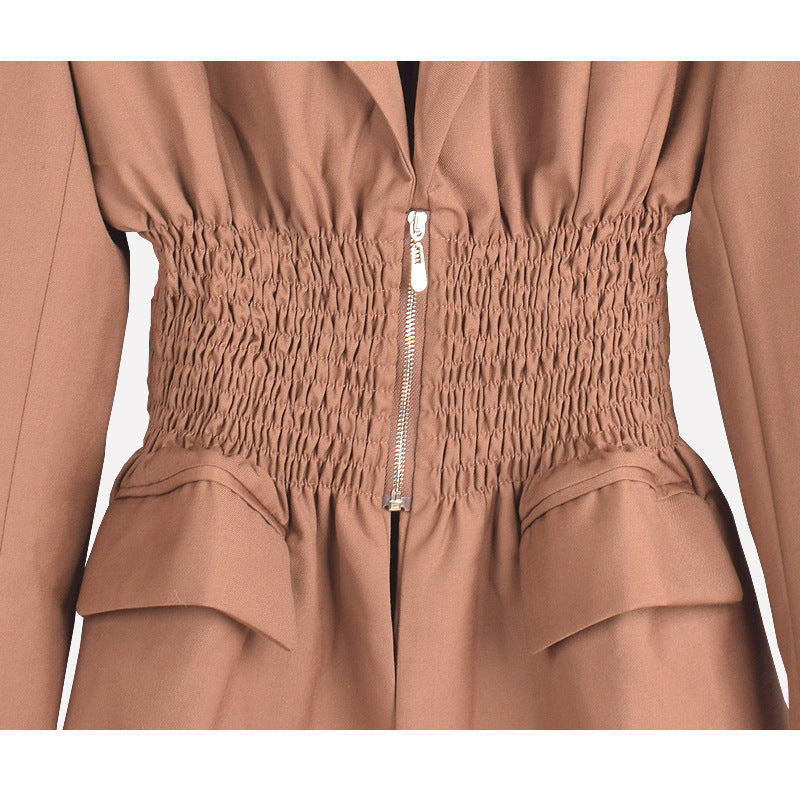 Pleated Zipper Elegant Blazers For Women Long Sleeve Notched Collar Vintage Slim Jackets Coat