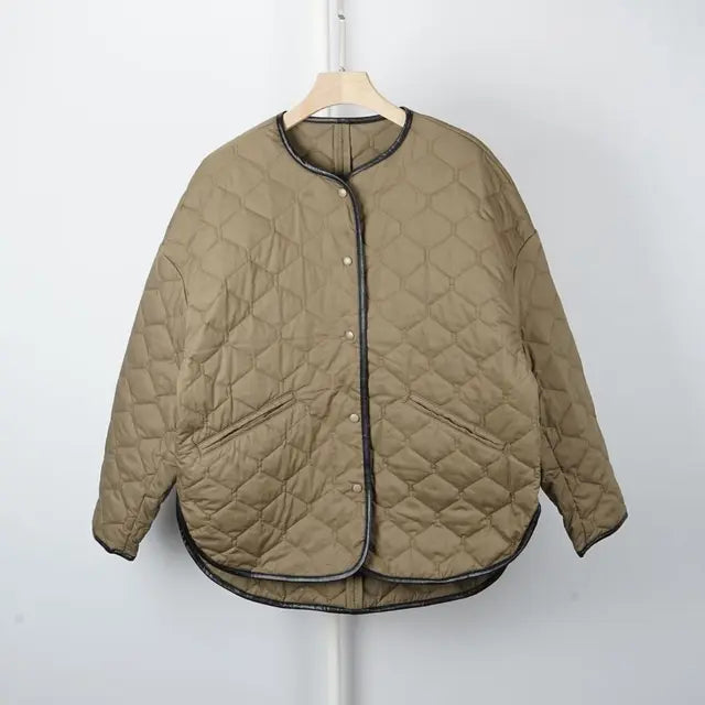 Fashion Women Cotton-padded Coat Collarless Diamond Plaid Single Breasted Green Warm Parka Jackets Winter New