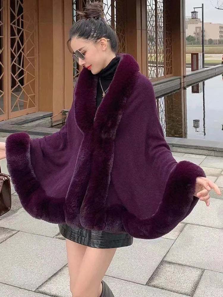 Temperament Fur Patchwork Scarf Collar Shawl Poncho Coat For Women Elegant Loose Cloak Woolen Coats