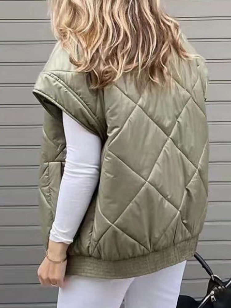 Fashion Cotton Vest Jacket For Women Round Neck Sleeveless Solid Minimalist Casual Jackets Female Clothing Winter