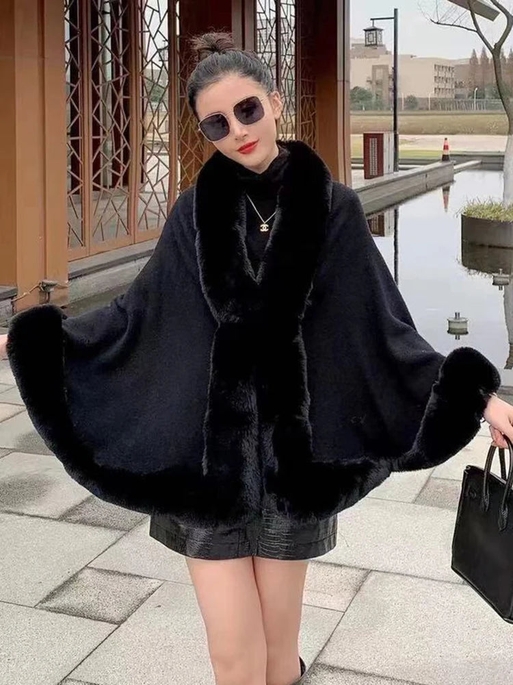 Temperament Fur Patchwork Scarf Collar Shawl Poncho Coat For Women Elegant Loose Cloak Woolen Coats