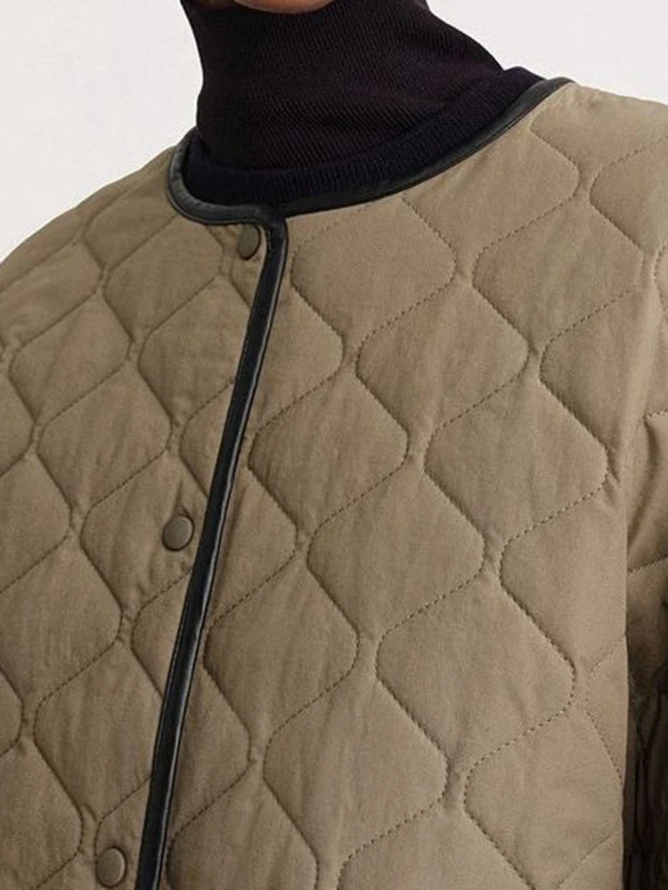 Fashion Women Cotton-padded Coat Collarless Diamond Plaid Single Breasted Green Warm Parka Jackets Winter New