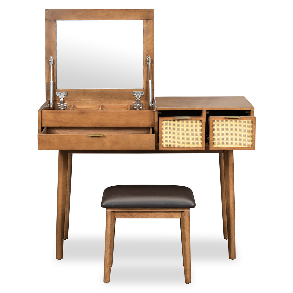 43.3 "Wooden vanity set with flip mirror and stool, three drawers and storage space for dressing table, brown