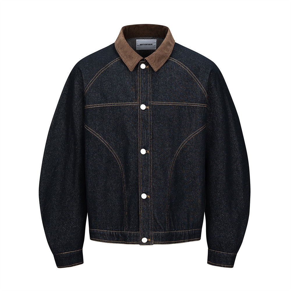 Men's Raw Denim  Corduroy Patchwork Button Front Turn-down Collar Deconstructed Jacket