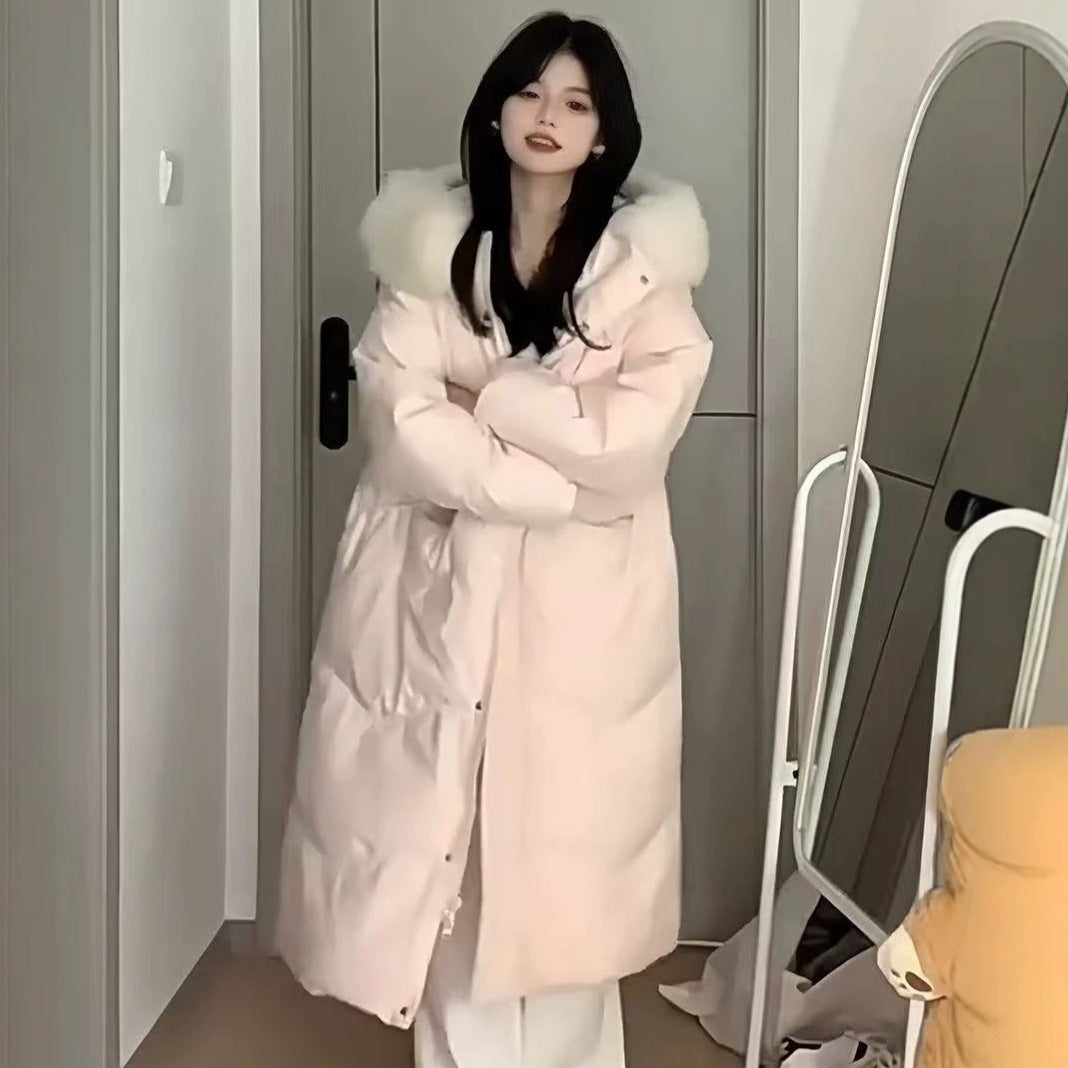 Women's Long Puffer Coat with Large Fur Collar - Winter Fashion Quilted Jacket