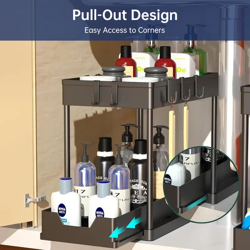 2-Tier Under Sink Sliding Organizer – 5 Hooks & 3 Detachable Baskets, Rust-Resistant Metal, Tool-Free Assembly