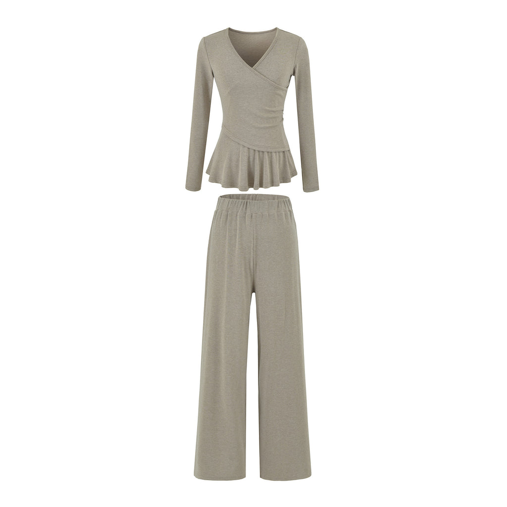 Long Sleeve Cross V-Neck T-Shirt and Elastic Waist Drape Wide Leg Pants Two Piece Set