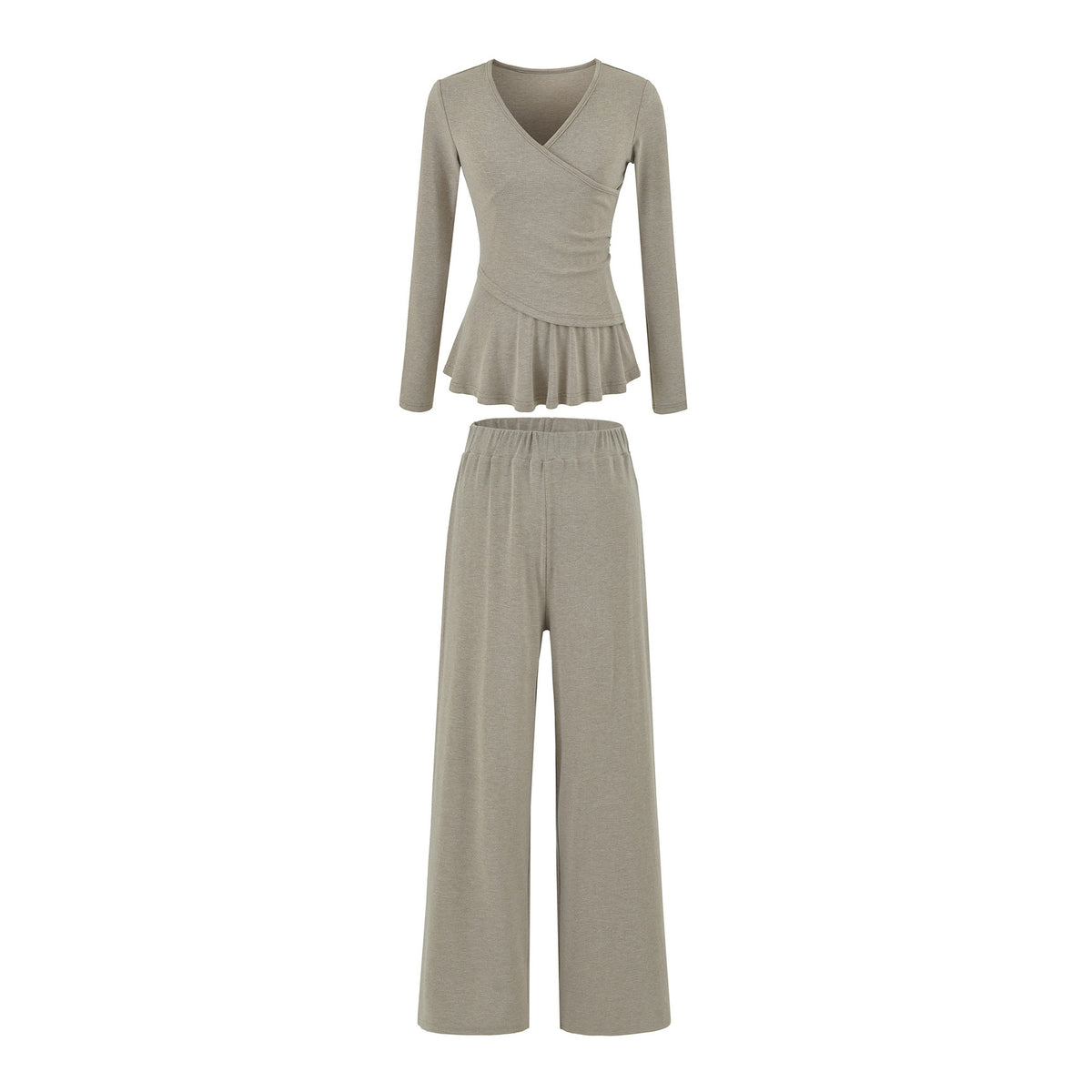 Long Sleeve Cross V-Neck T-Shirt and Elastic Waist Drape Wide Leg Pants Two Piece Set