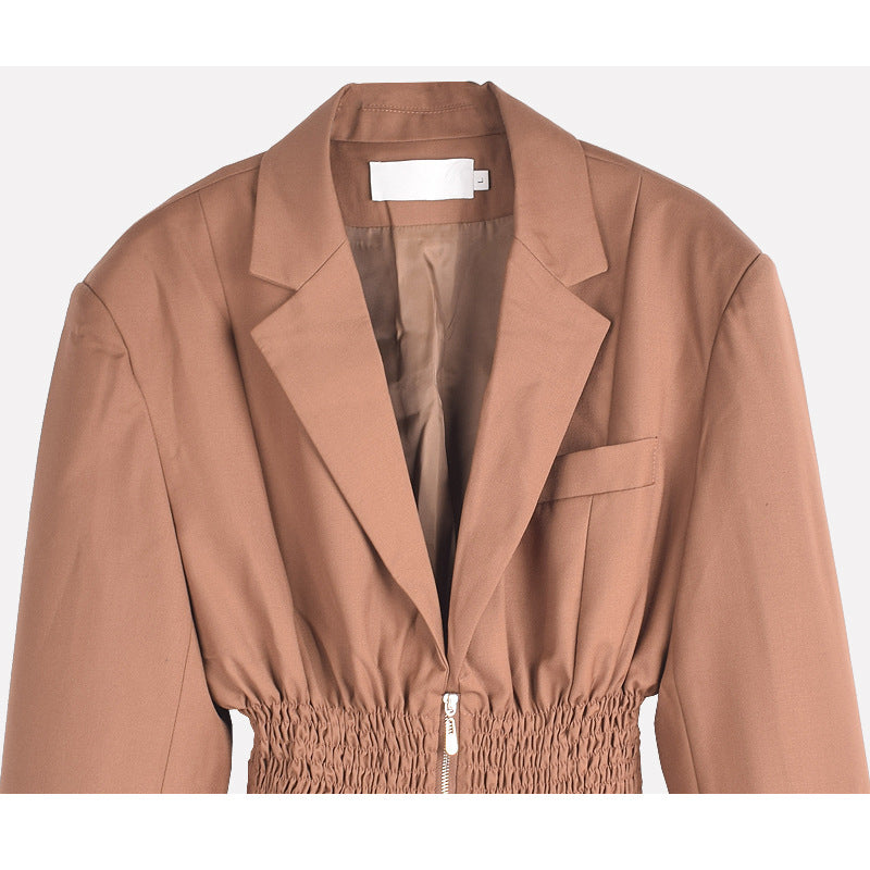 Pleated Zipper Elegant Blazers For Women Long Sleeve Notched Collar Vintage Slim Jackets Coat