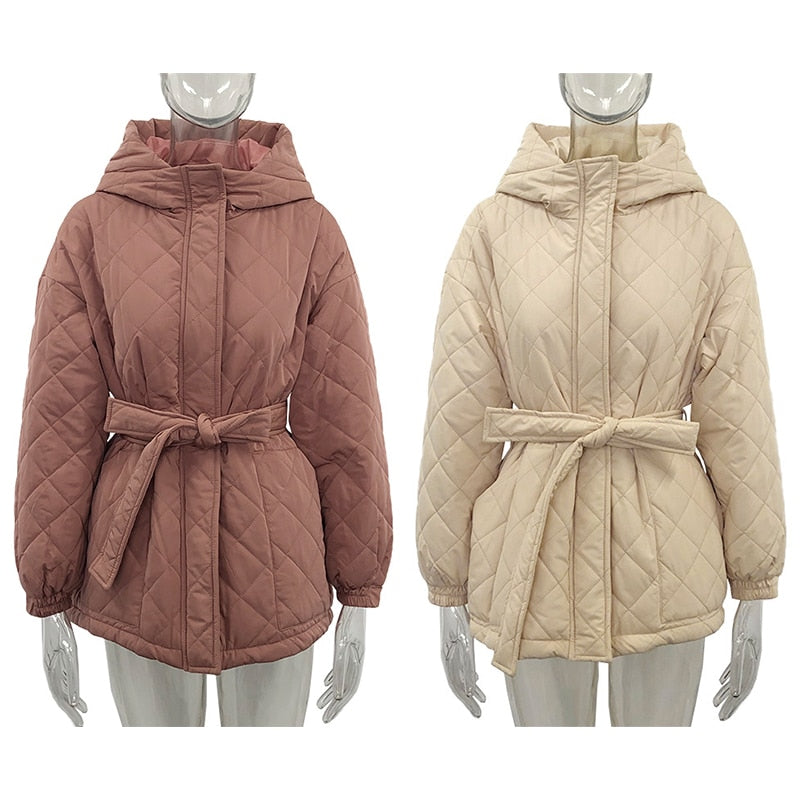 Casual Loose Arygle Hooded Parkas Women Fashion Solid Thick Short Coats Women Elegant Tie Belt Cotton Jackets Female Ladies