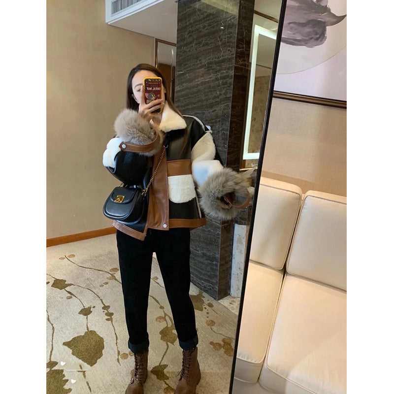 Women Leather Coat Color Matching Splicing Winter Leather Jacket Women Black Vintage Faux Leather Jackets