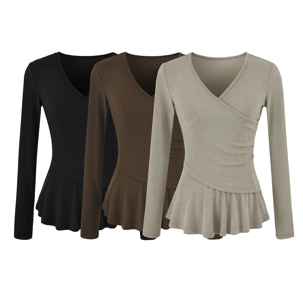 Long Sleeve Cross V-Neck T-Shirt and Elastic Waist Drape Wide Leg Pants Two Piece Set