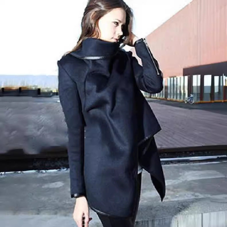 Fashion Asymmetric Solid Color Split-Joint High-Neck Jackets New Long Sleeves Casual Coats For Women