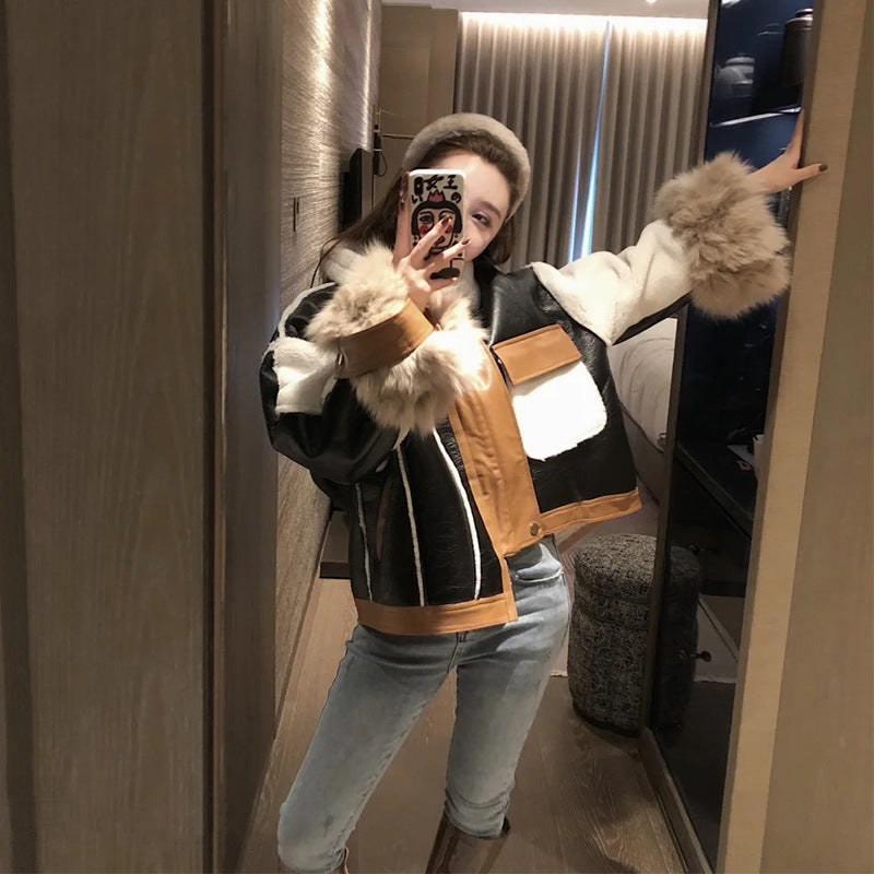Women Leather Coat Color Matching Splicing Winter Leather Jacket Women Black Vintage Faux Leather Jackets