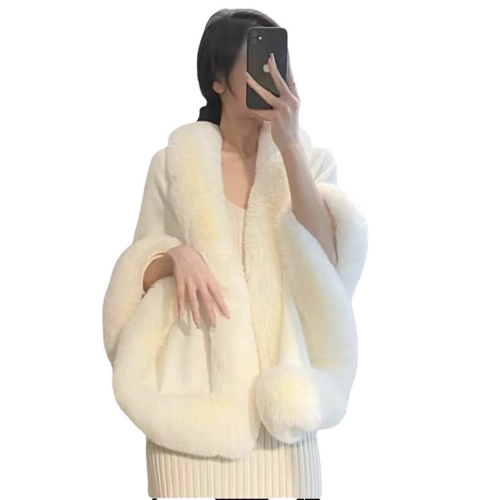 Temperament Fur Patchwork Scarf Collar Shawl Poncho Coat For Women Elegant Loose Cloak Woolen Coats