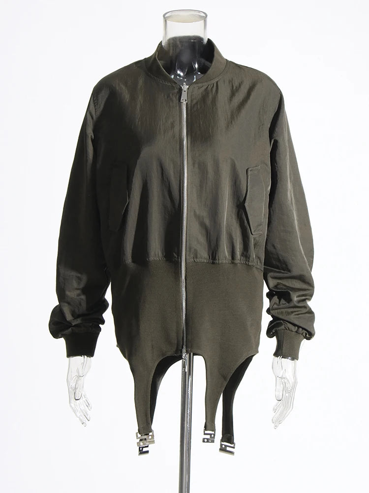 Solid Casual Spliced Zipper Loose Jackets For Women Stand Collar Long Sleeve Designer Streetwear Jacket Female