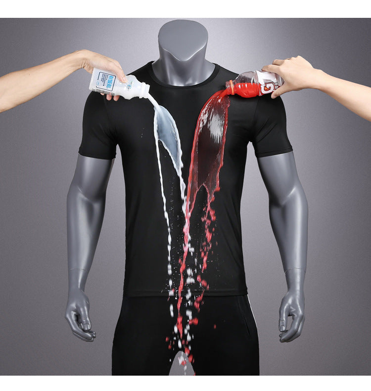 Summer New Nano Water-Repellent High-Tech Waterproof Stain-Resistant Quick-Dry Sport Short Sleeve T-Shirt Men Solid Color Round Neck Top