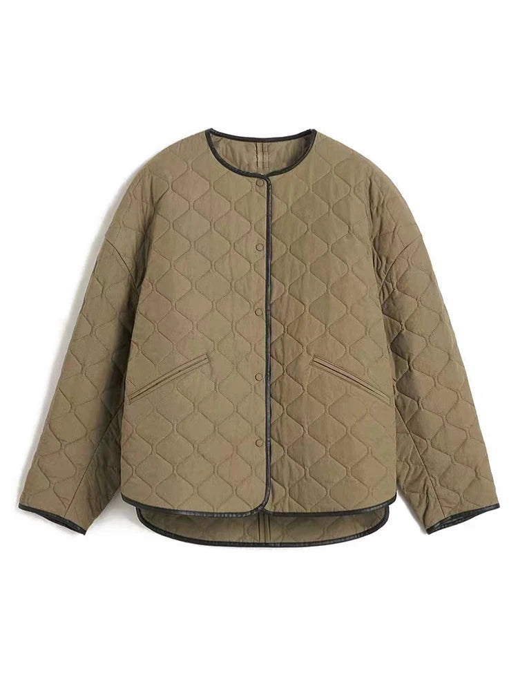 Fashion Women Cotton-padded Coat Collarless Diamond Plaid Single Breasted Green Warm Parka Jackets Winter New
