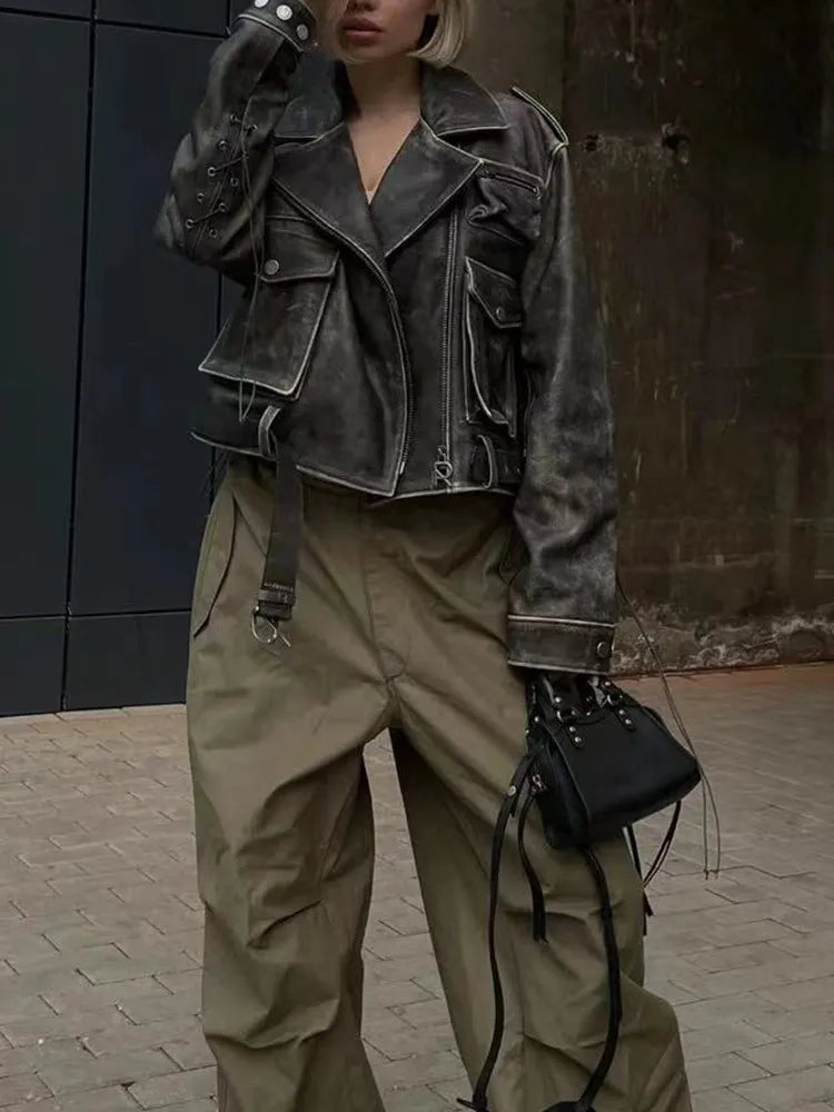 Streetwear PU Leather Patchwork Pockets Jackets For Women Lapel Long Sleeve Spliced Zipper Jacket Female Fashion