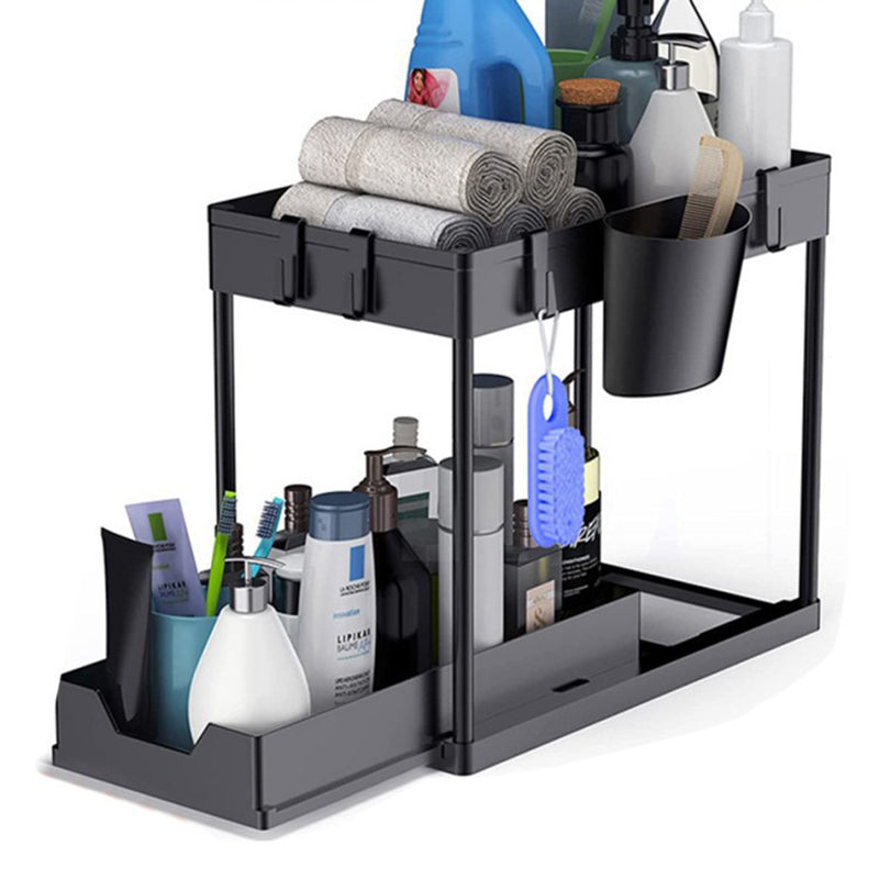 2-Tier Under Sink Sliding Organizer – 5 Hooks & 3 Detachable Baskets, Rust-Resistant Metal, Tool-Free Assembly