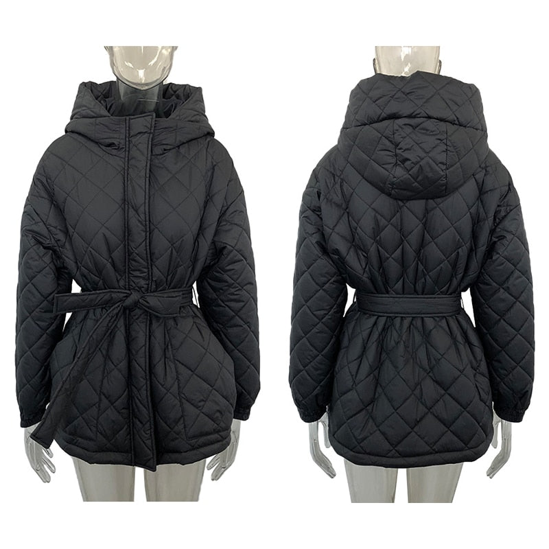 Casual Loose Arygle Hooded Parkas Women Fashion Solid Thick Short Coats Women Elegant Tie Belt Cotton Jackets Female Ladies