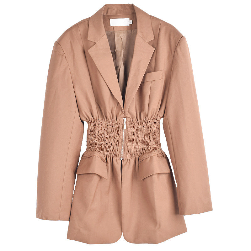 Pleated Zipper Elegant Blazers For Women Long Sleeve Notched Collar Vintage Slim Jackets Coat