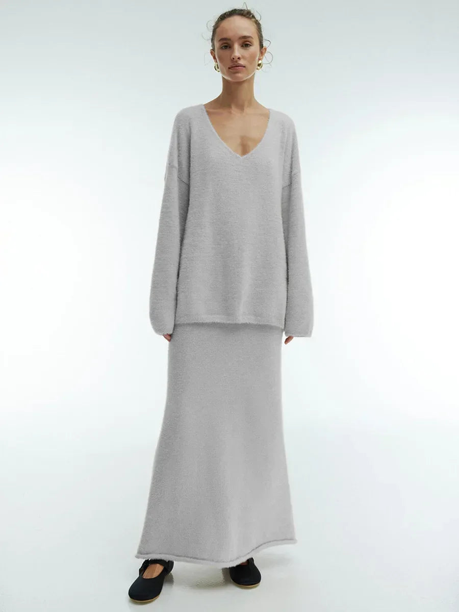 Women Knitted V-neck Sweater+Skirt Sets  Autumn Winter Thick Casual Sweater Warm Fashion Skirt Pullover 2 Pieces Sets